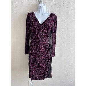 CHAPS BLACK & FUCHSIA PINK Wrap Front  DRESS Small Petite Long Sleeve Floral